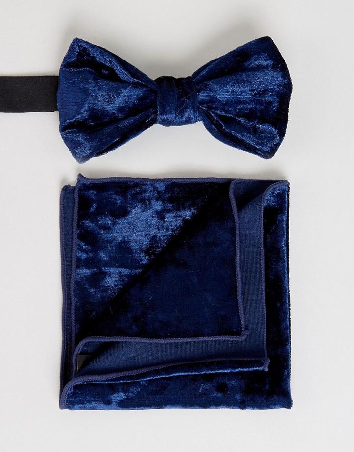 Asos Crushed Velvet Bow Tie & Pocket Square - Navy