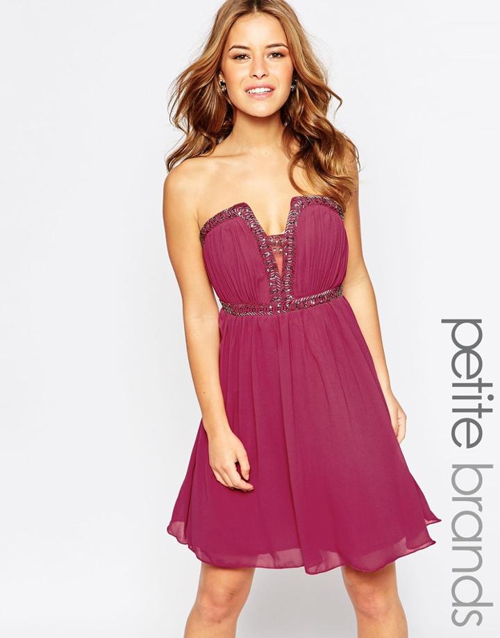 Little Mistress Petite Bandeau Skater Dress With Embellishment - Rasperry