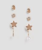 Monki 3 Pack Star Stud And Drop Pearl Earrings - Gold