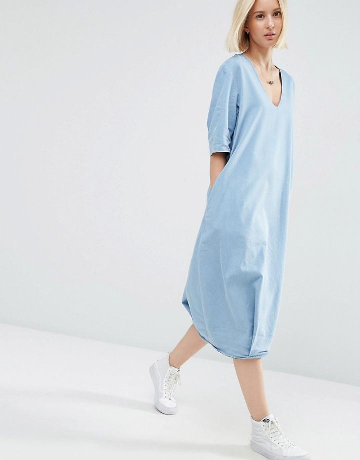 Asos White Denim V-neck Midi Dress - Blue