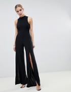 Fashionkilla High Neck Jumpsuit With Front Thigh Split In Black - Black