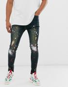 Good For Nothing Skinny Jeans In Dark Blue Wash With Paint Splat - Gray