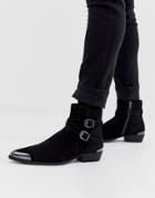 Asos Design Stacked Heel Western Chelsea Boots In Faux Black Suede With Buckle Detail