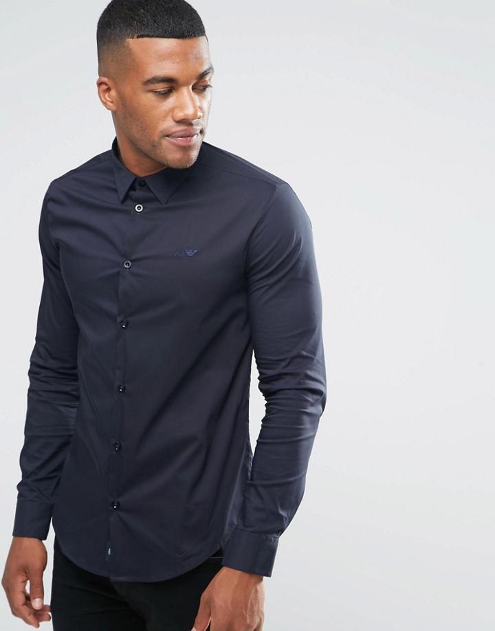 Armani Jeans Shirt In Navy Slim Stretch With Logo - Navy