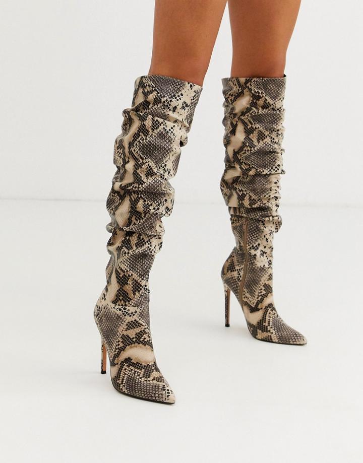 Asos Design Carlotta Slouch Stiletto Knee Boot In Snake-multi
