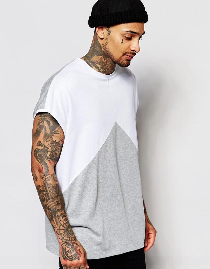 Asos Super Oversized Sleeveless T-shirt With Triangle Cut And Sew - Wh