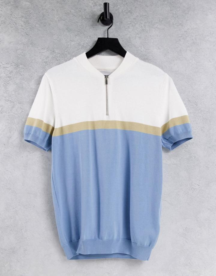 Topman Knitted Panelled Baseball Polo In White And Blue-blues