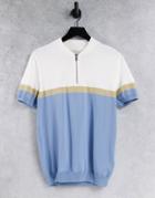Topman Knitted Panelled Baseball Polo In White And Blue-blues