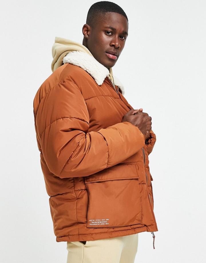 Topman Recycled Puffer With Borg Collar In Brown