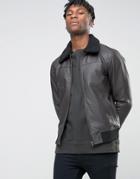 Bl7ck Leather Look Jacket With Faux Fur Collar - Black