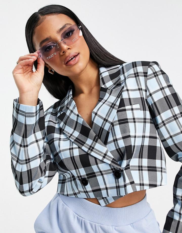 Asos Design Crop Mansy Suit Blazer In Pastel Blue Plaid-multi