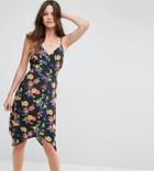 Asos Tall Floral Print Button Through Sun Midi Dress With Dipped Hem - Multi