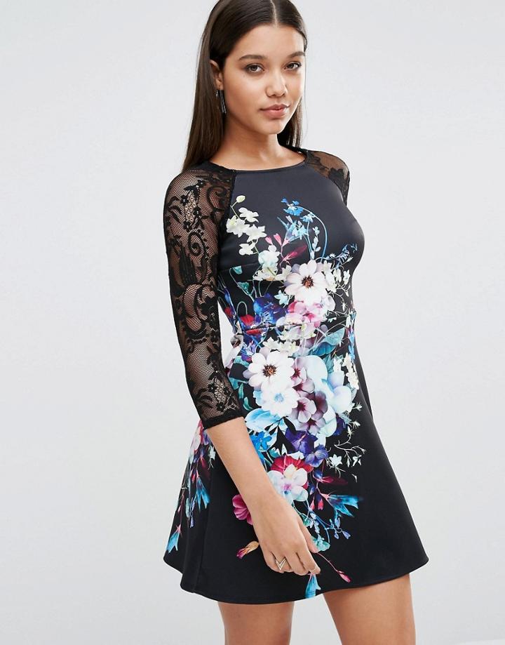 Lipsy Lace Long Sleeve Skater Dress - Black