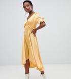 Lost Ink Petite Midi Tea Dress With Frill Detail In Satin - Yellow