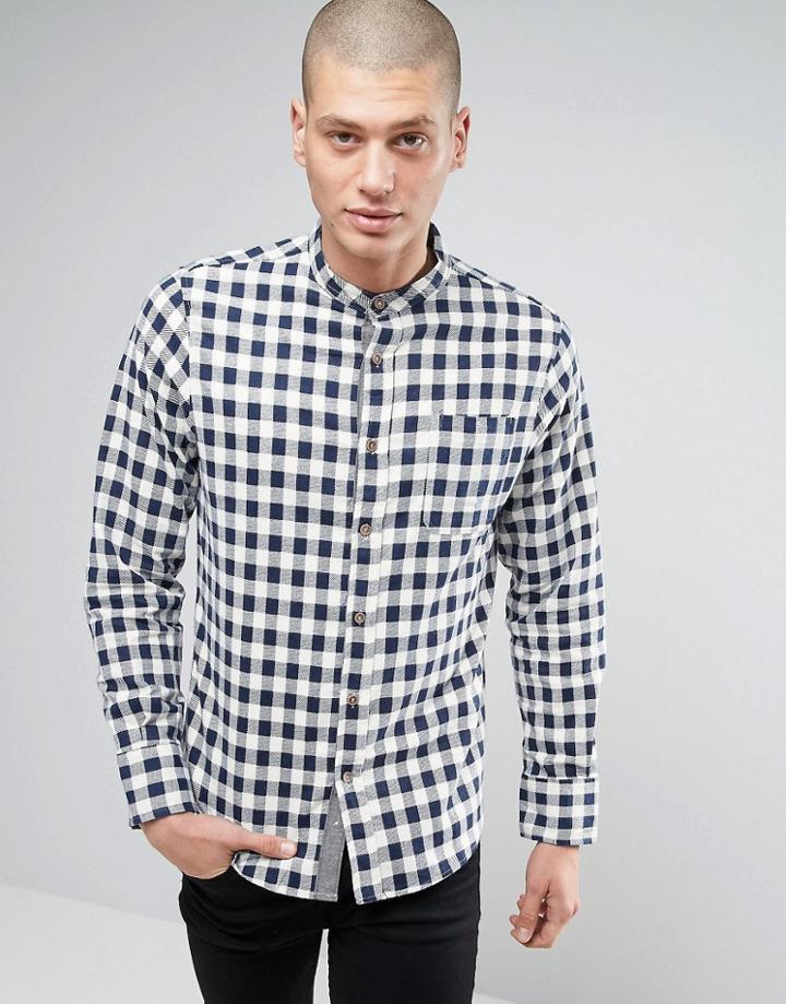 Brave Soul Grandad Check Flannel Shirt - Navy