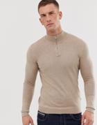 Asos Design Cotton Half Zip Sweater In Tan - Tan
