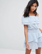 Vero Moda Stripe Bardot Ruffle Dress - Blue