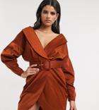 Asos Design Tall Off Shoulder Ruched Belted Tux Mini Dress In Rust-orange