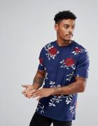 Asos T-shirt In Pique With All Over Rose Print - Blue