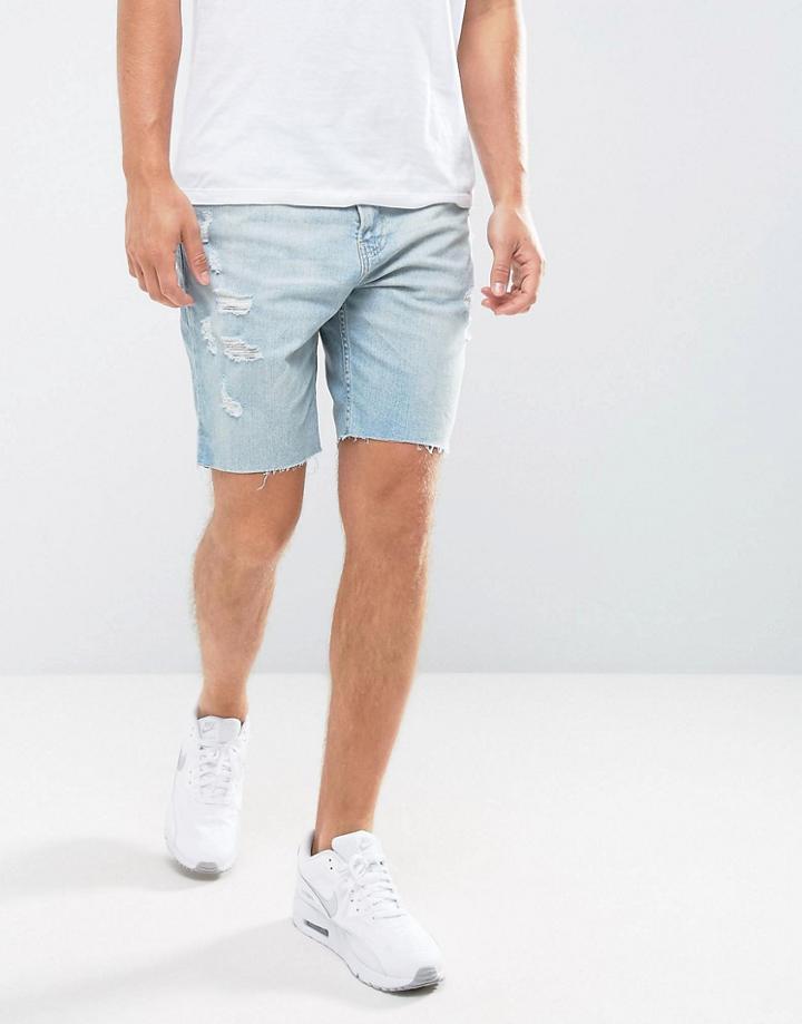 Hollister Denim Shorts Destroyed Bleach Wash - Blue