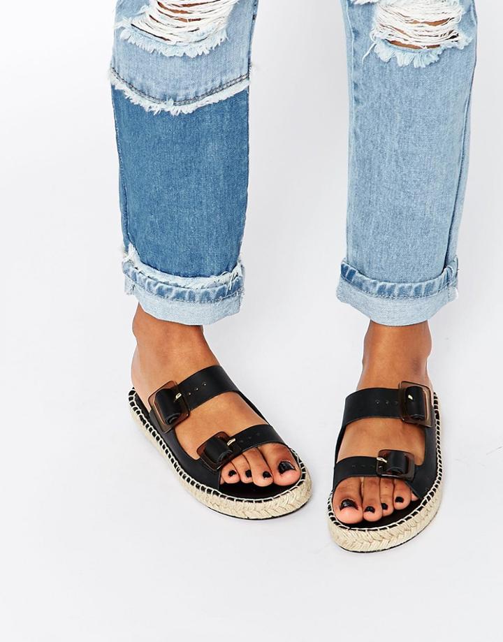 Miista Kitty Buckle Slide Leather Flat Sandals - Black