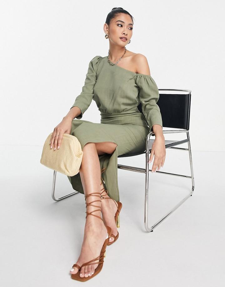 Asos Design Linen Fallen Shoulder Midi Dress In Khaki-green
