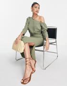 Asos Design Linen Fallen Shoulder Midi Dress In Khaki-green