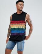 Asos Design Festival Sleeveless T-shirt With Multicoloured Front Fringing In Black - Black