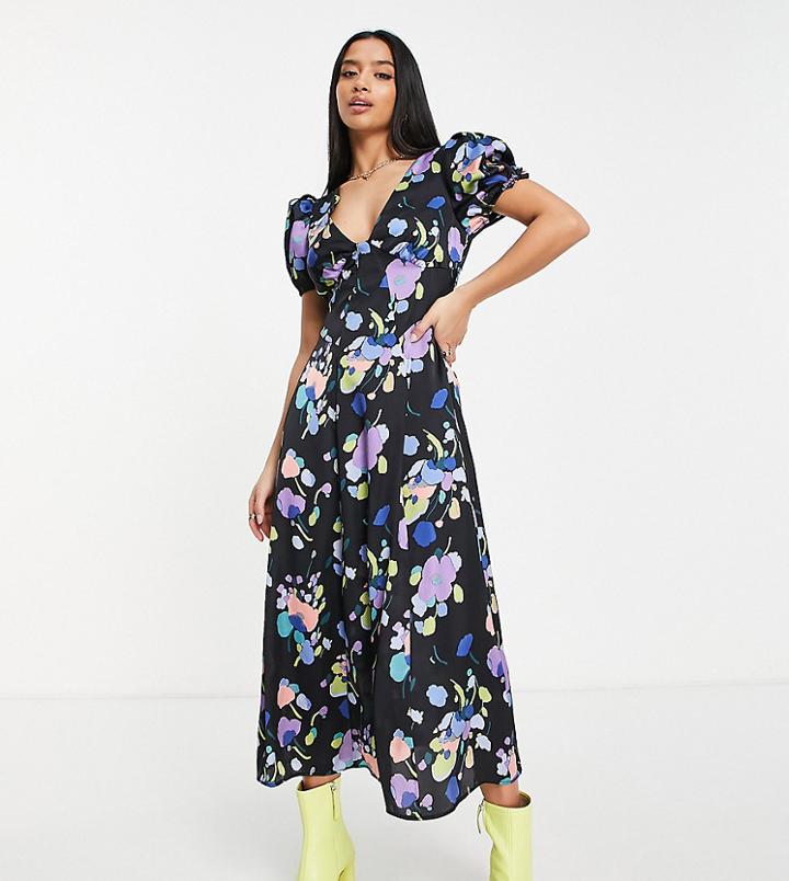 Topshop Petite Shirred Back Midi Dress In Floral Print-multi