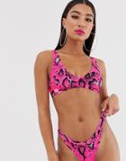 Asos Design Mix And Match Minimal Plunge Bikini Top In Pink Neon Snake Print - Pink