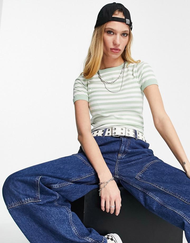 Asos Design Slim Fit T-shirt In Rib In Sage Stripe-multi