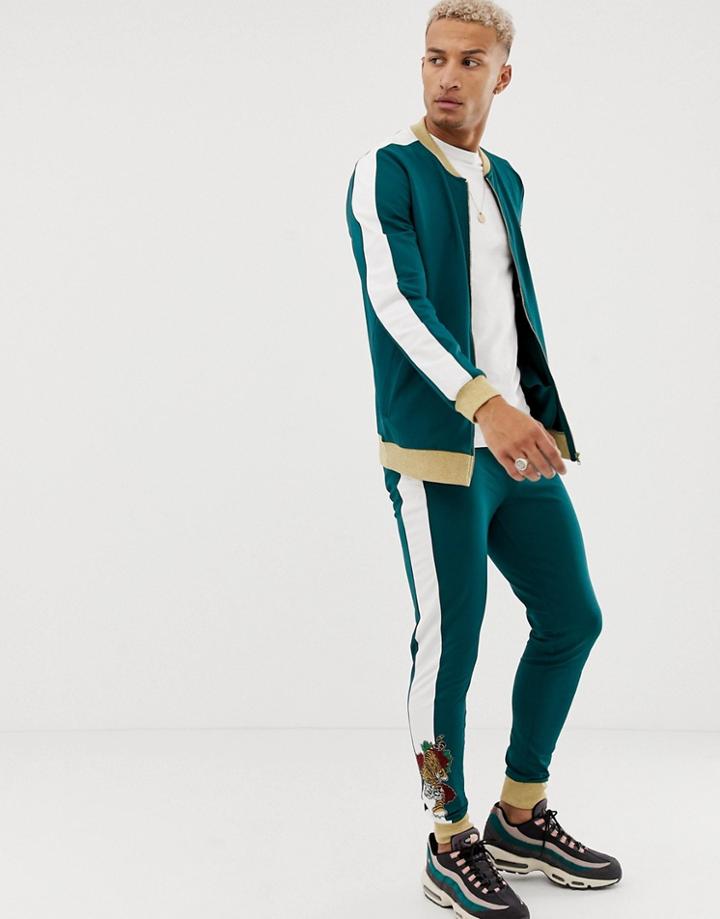 Asos Design Bomber Jacket/skinny Joggers In Retro Track Fabric With Tiger Embroidery And Glitter Ribs - Green