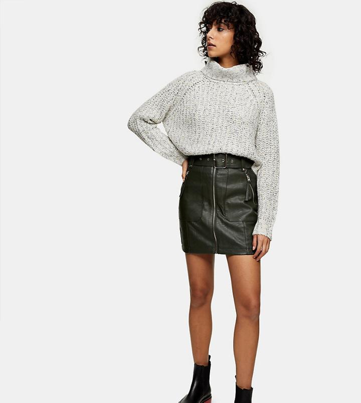 Topshop Petite Faux Leather Motorcycle Skirt In Khaki-green