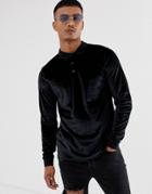 Asos Design Long Sleeve Polo Shirt In Velour In Black - Black