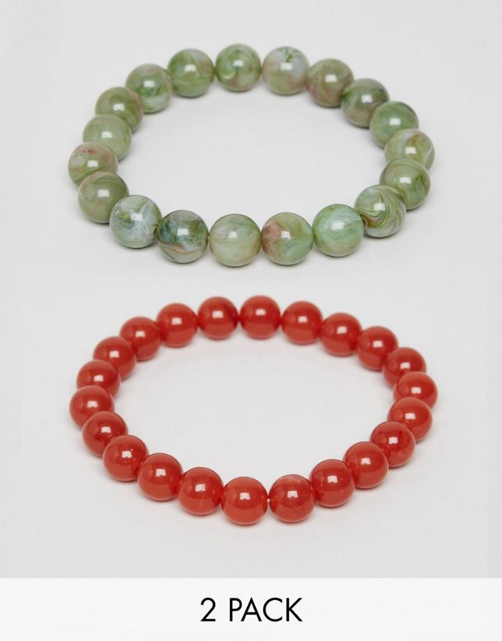 Asos Beaded Bracelet Pack In Green And Orange - Multi