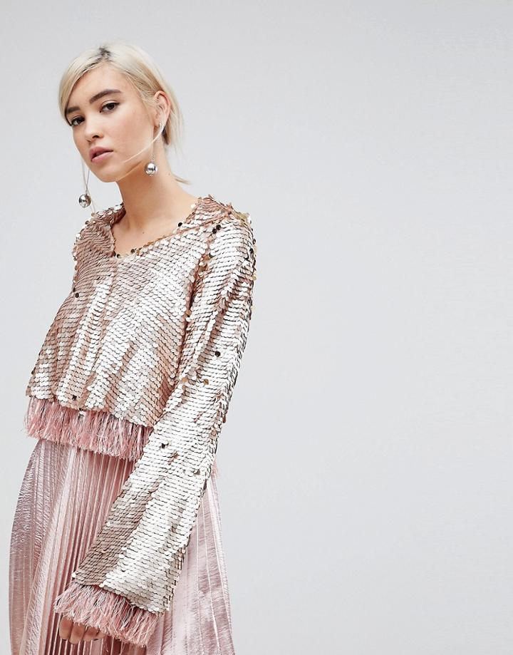 Lost Ink Top In Premium Sequin With Tassel Trim - Gold