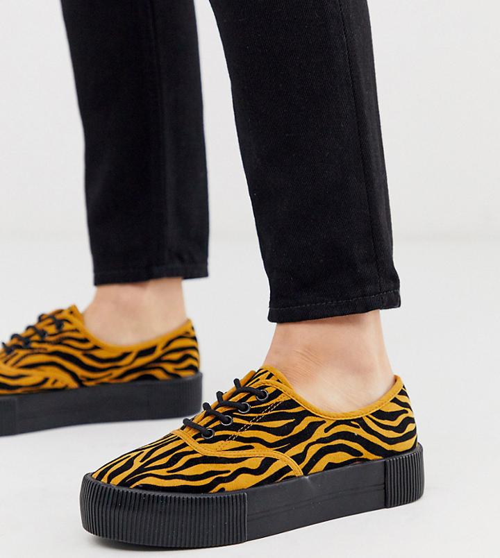 Monki Tiger Print Faux Suede Platform Plimsolls In Black And Mustard-brown