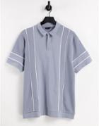 Asos Design Relaxed Polo With Cut And Sew Waffle Panels And Piping In Gray Blue-grey