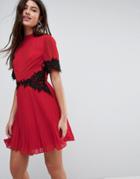 Asos Lace Waist And Cuff Pleated Mini Dress-red