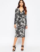 Club L Wrap Front Midi Dress In Outline Floral Print - Black