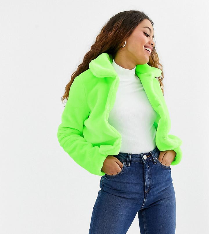 Brave Soul Petite Rome Neon Cropped Faux Fur Jacket