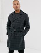 Asos Design Double Breasted Trench Coat In Navy Check - Navy