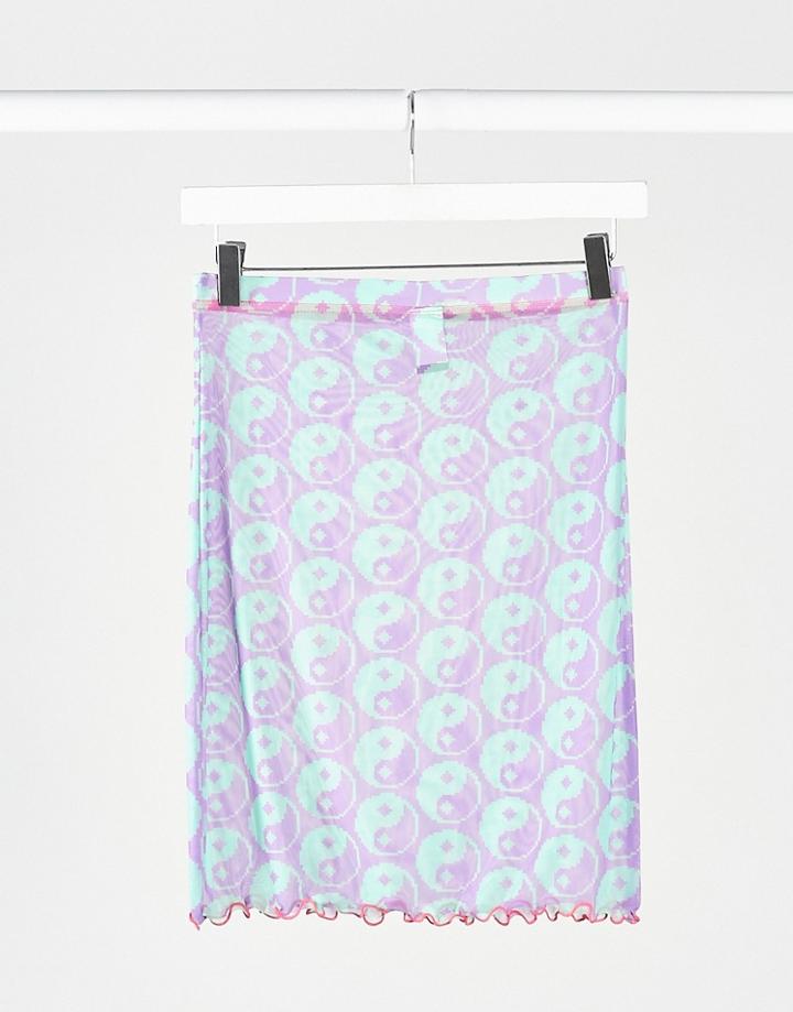 Tara Khorzad Mini Skirt With Crinkle Hem In Yin Yang Print Mesh - Part Of A Set-purple
