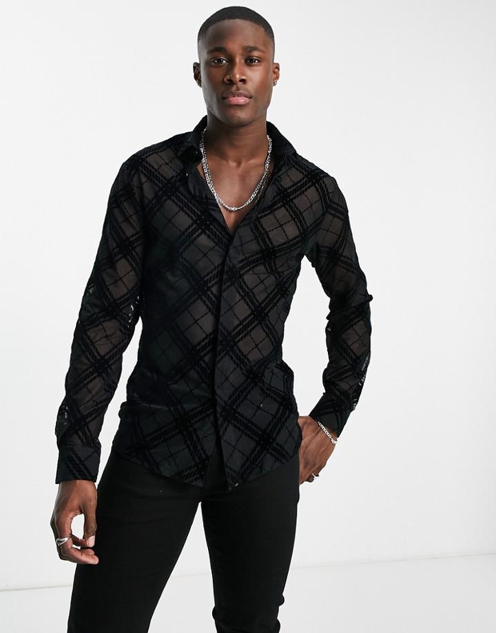 Twisted Tailor Hsu Shirt In Black Mesh With Argyle Flocking