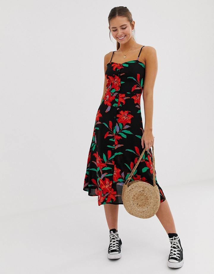 Parisian Cami Strap Midi Dress In Tropical Floral-black