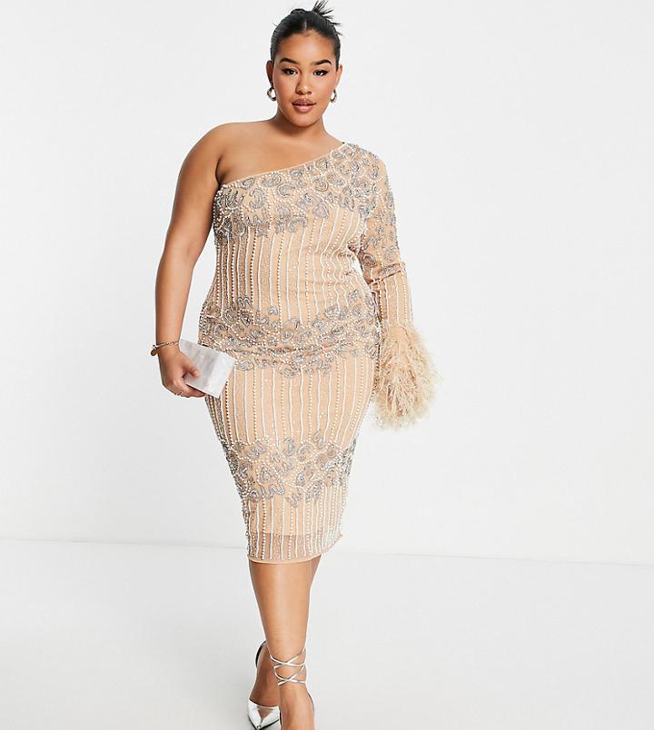 Asos Luxe Curve One Sleeve Midi Dress With Embellishment And Faux Feather Hem In Mink-pink