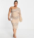 Asos Luxe Curve One Sleeve Midi Dress With Embellishment And Faux Feather Hem In Mink-pink