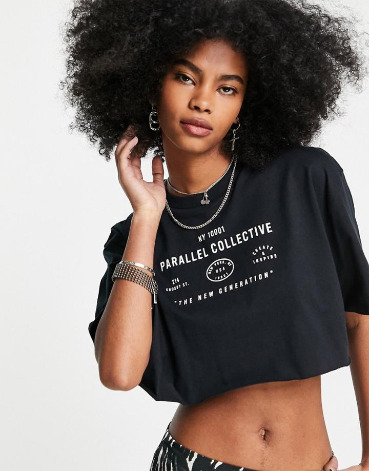 Topshop Parallel Collective Crop Tee In Black