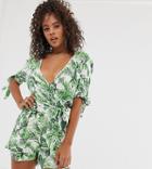 Influence Tall Wrap Front Romper In Tropical Print - Green