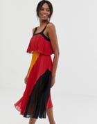 Asos Design Double Layer Pleated Midi Dress In Color Block - Multi